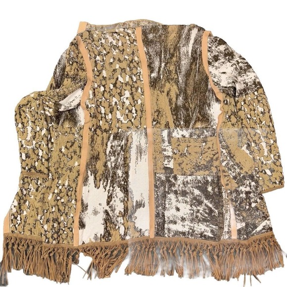 Animal Print Fringe Cardigan Sweater Sz M Faux Suede Piping Italian Boho Western - Picture 9 of 14
